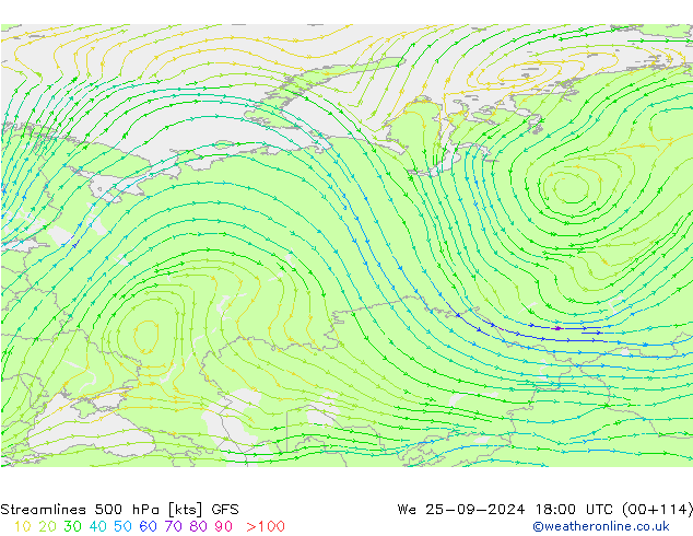 Ligne de courant 500 hPa GFS mer 25.09.2024 18 UTC