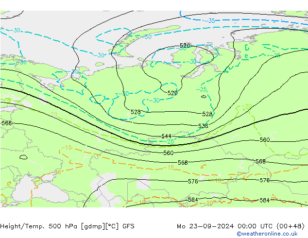 Height/Temp. 500 hPa GFS Mo 23.09.2024 00 UTC