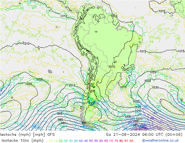 Isotachs (mph) GFS Sáb 21.09.2024 06 UTC