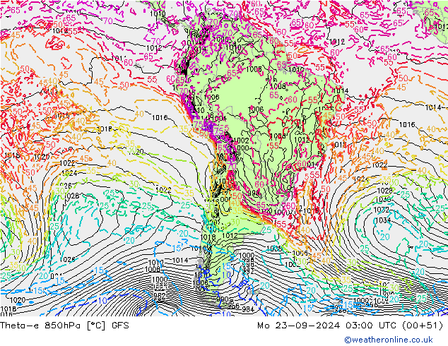 Theta-e 850hPa GFS Mo 23.09.2024 03 UTC