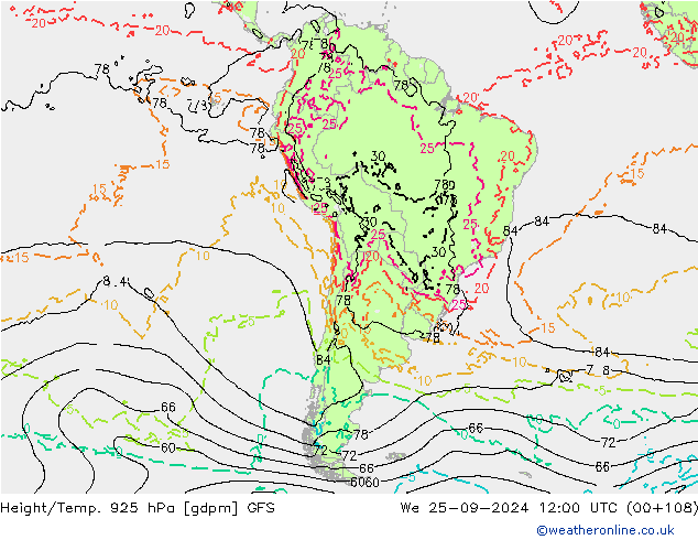 Geop./Temp. 925 hPa GFS mié 25.09.2024 12 UTC