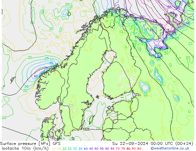 Isotaca (kph) GFS dom 22.09.2024 00 UTC