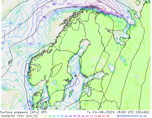 Izotacha (km/godz) GFS wto. 24.09.2024 18 UTC