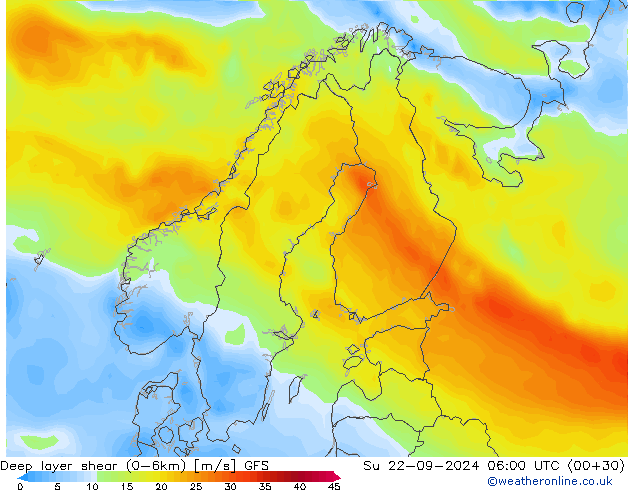 Deep layer shear (0-6km) GFS Paz 22.09.2024 06 UTC