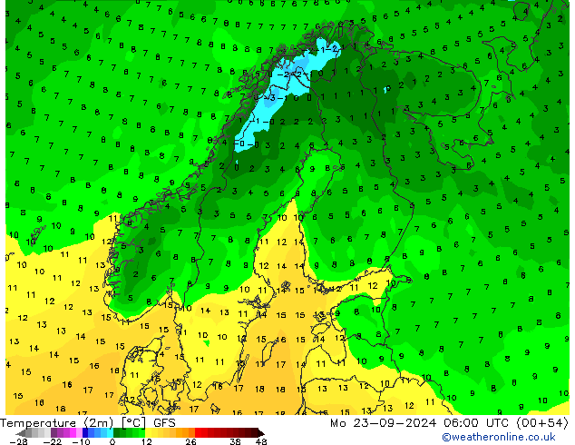 Temperature (2m) GFS Mo 23.09.2024 06 UTC