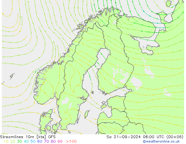 Ligne de courant 10m GFS sam 21.09.2024 06 UTC