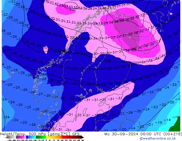 Z500/Rain (+SLP)/Z850 GFS Mo 30.09.2024 00 UTC