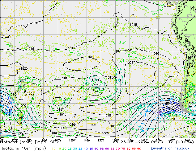 Isotachs (mph) GFS Mo 23.09.2024 06 UTC