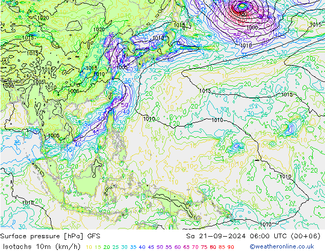 Isotachs (kph) GFS Sáb 21.09.2024 06 UTC