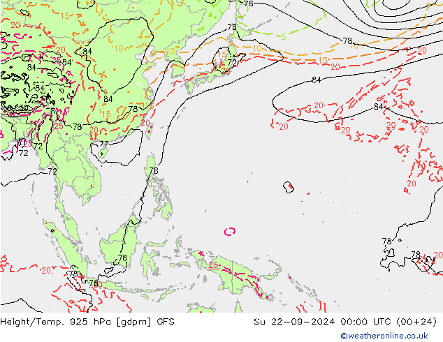 Yükseklik/Sıc. 925 hPa GFS Paz 22.09.2024 00 UTC