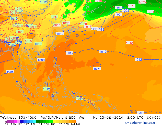 Thck 850-1000 hPa GFS pon. 23.09.2024 18 UTC