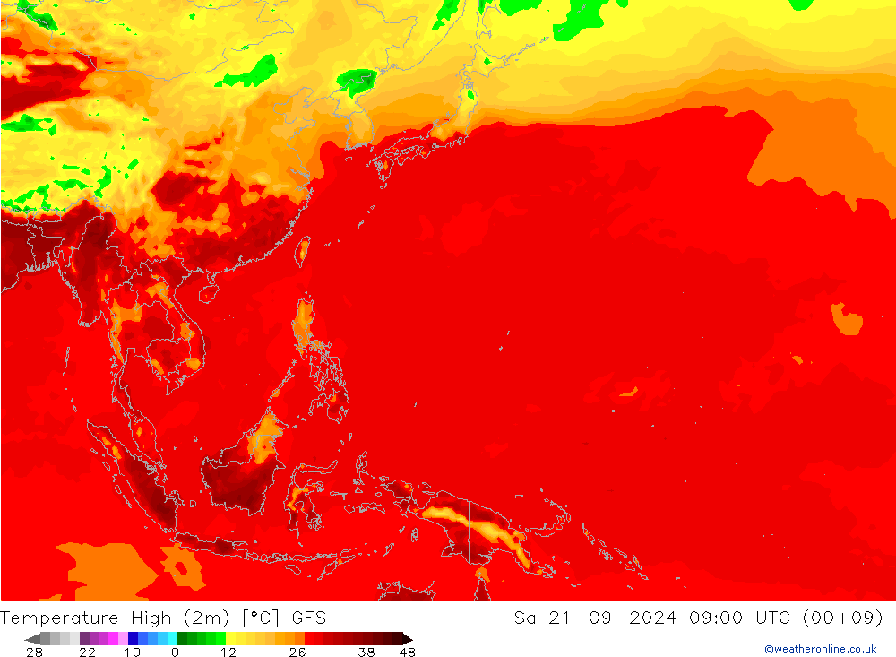 Temperature High (2m) GFS Sa 21.09.2024 09 UTC