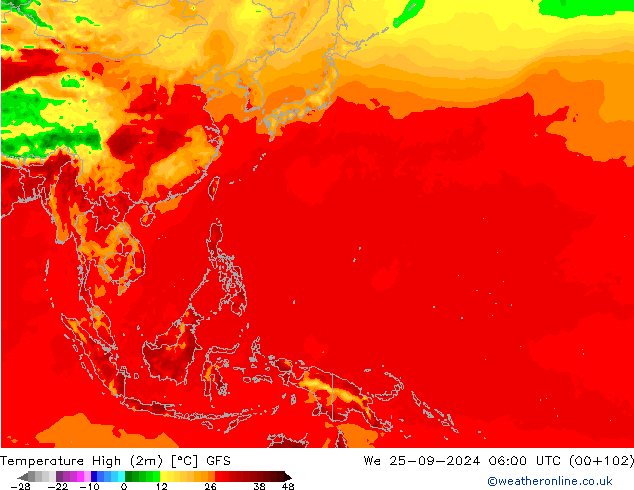 Temperature High (2m) GFS We 25.09.2024 06 UTC