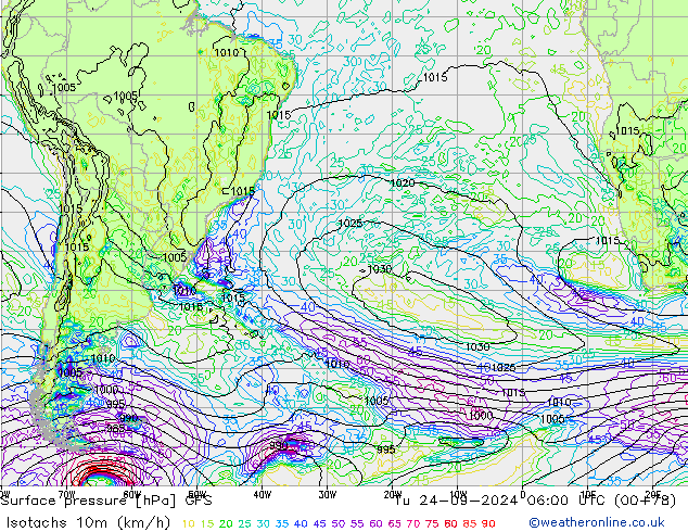 Isotachs (kph) GFS  24.09.2024 06 UTC