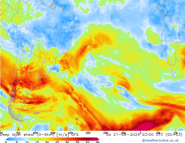 Deep layer shear (0-6km) GFS Cts 21.09.2024 03 UTC