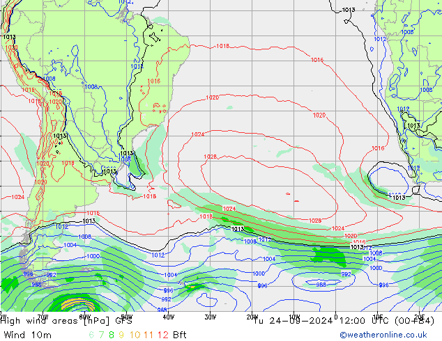 High wind areas GFS вт 24.09.2024 12 UTC