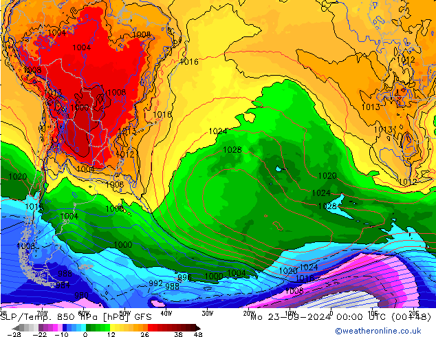 SLP/Temp. 850 hPa GFS lun 23.09.2024 00 UTC