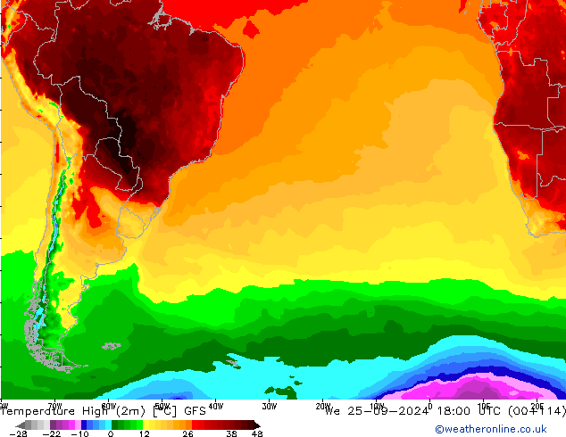 Temperature High (2m) GFS We 25.09.2024 18 UTC