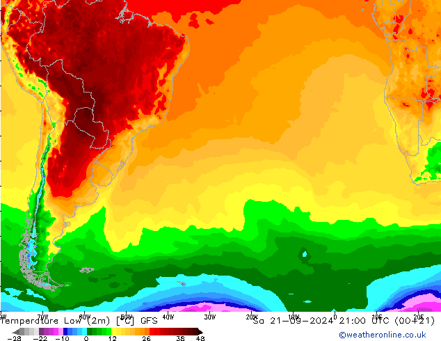 Temperature Low (2m) GFS Sa 21.09.2024 21 UTC