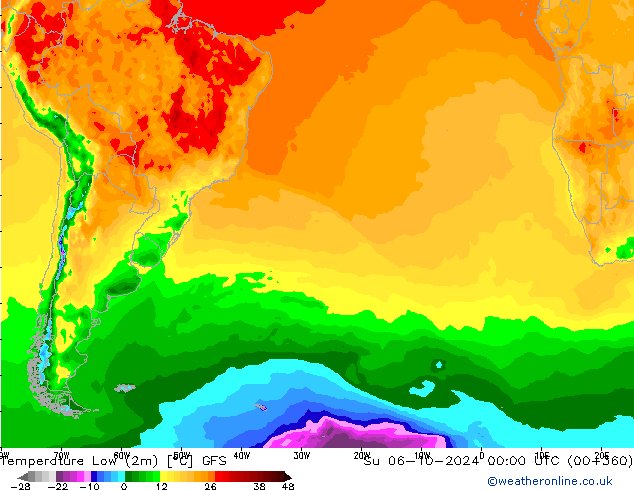 Temperature Low (2m) GFS Su 06.10.2024 00 UTC