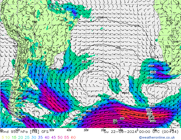 Wind 950 hPa GFS Su 22.09.2024 00 UTC