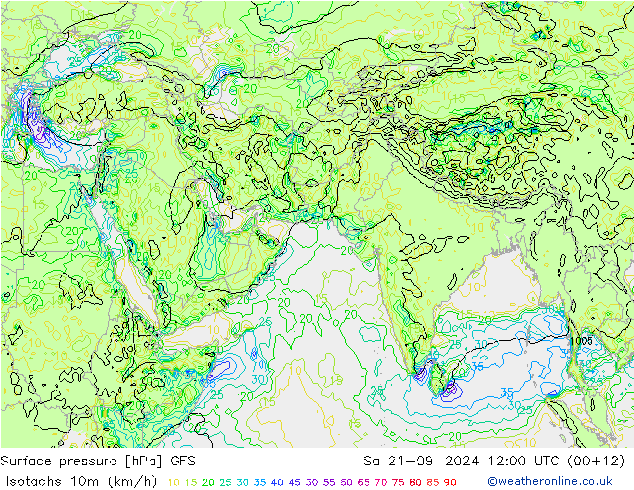 10米等风速线 (kph) GFS 星期六 21.09.2024 12 UTC