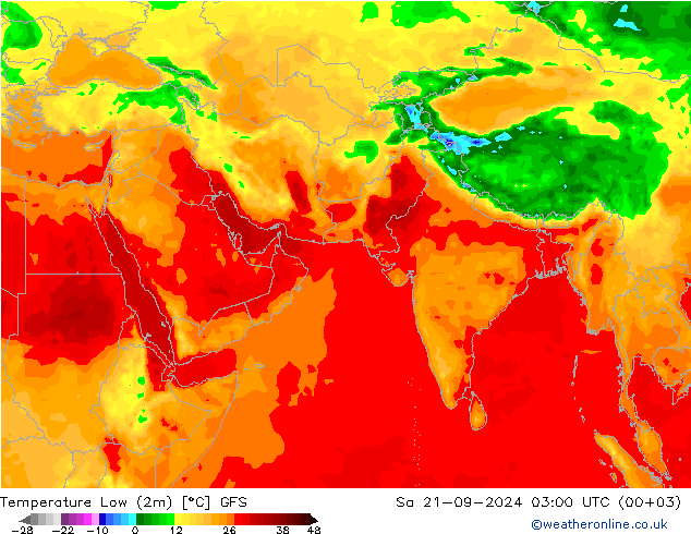 Temperature Low (2m) GFS 星期六 21.09.2024 03 UTC