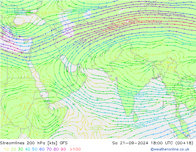 Linia prądu 200 hPa GFS so. 21.09.2024 18 UTC