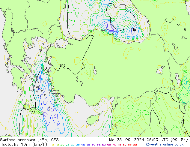 Isotachs (kph) GFS Mo 23.09.2024 06 UTC