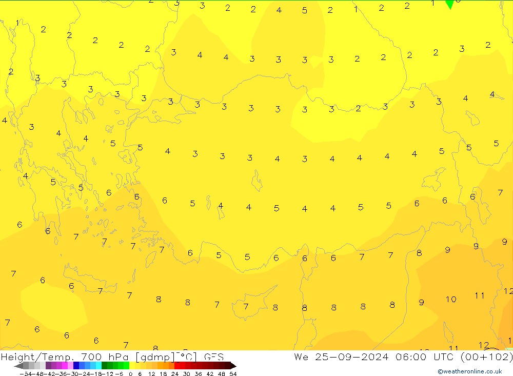 Yükseklik/Sıc. 700 hPa GFS Çar 25.09.2024 06 UTC