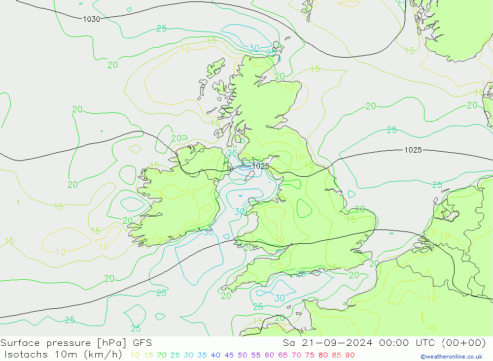 Isotachs (kph) GFS Sa 21.09.2024 00 UTC