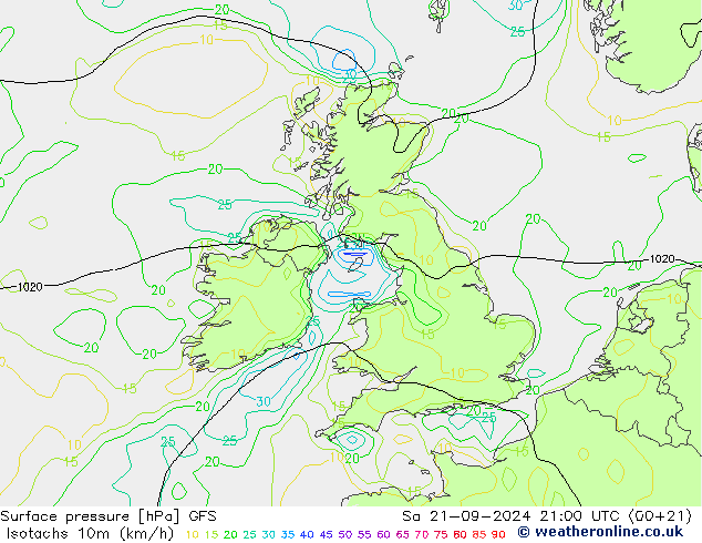 Isotaca (kph) GFS sáb 21.09.2024 21 UTC