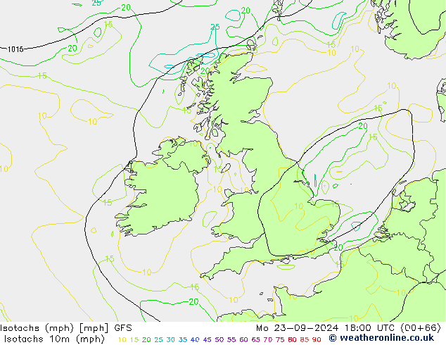 Isotachs (mph) GFS Mo 23.09.2024 18 UTC