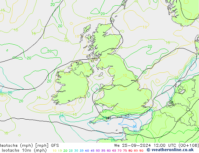 Isotachs (mph) GFS We 25.09.2024 12 UTC