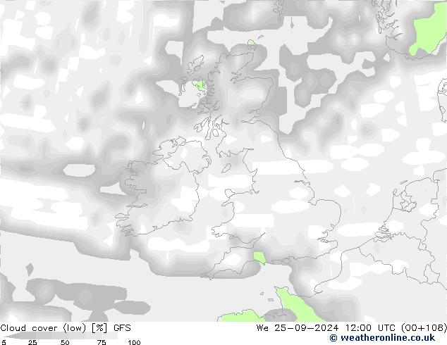 Cloud cover (low) GFS We 25.09.2024 12 UTC