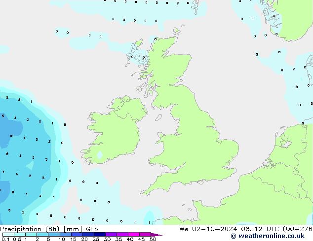 Precipitation (6h) GFS We 02.10.2024 12 UTC