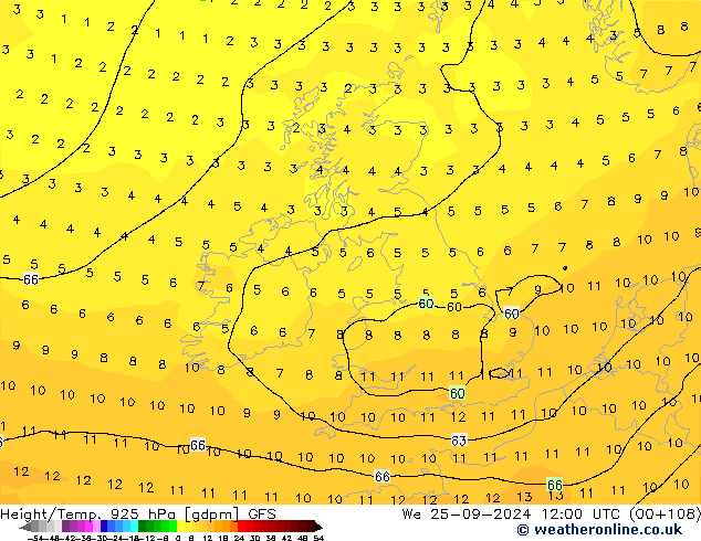 Height/Temp. 925 hPa GFS mer 25.09.2024 12 UTC