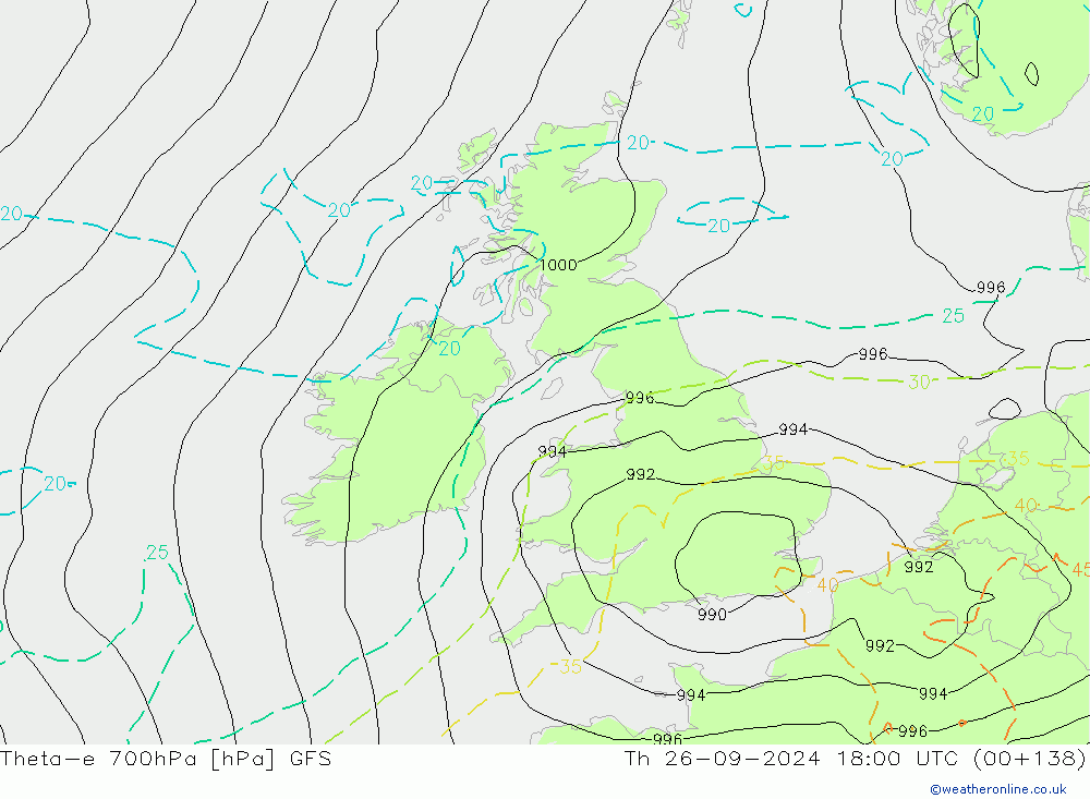 Theta-e 700hPa GFS do 26.09.2024 18 UTC