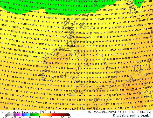 Temperature Low (2m) GFS Mo 23.09.2024 15 UTC