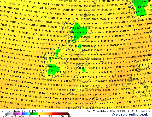 Temperatura (2m) GFS Sáb 21.09.2024 00 UTC