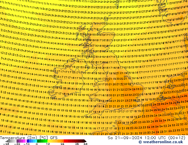 Temperatura (2m) GFS sab 21.09.2024 12 UTC