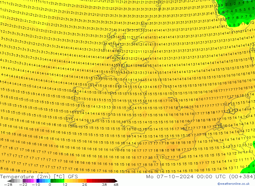 Temperatuurkaart (2m) GFS ma 07.10.2024 00 UTC