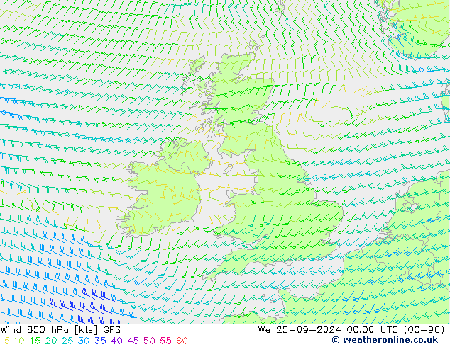 Wind 850 hPa GFS wo 25.09.2024 00 UTC