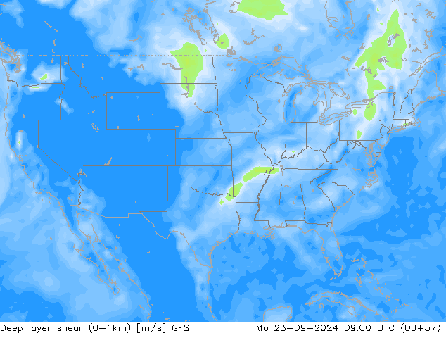 Deep layer shear (0-1km) GFS Mo 23.09.2024 09 UTC