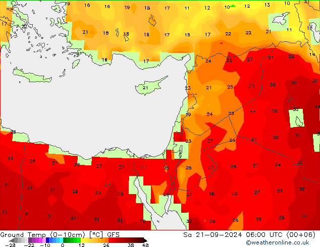 Temperatura del suelo (0-10cm) GFS sáb 21.09.2024 06 UTC