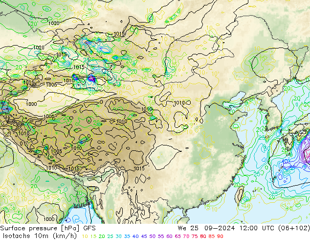 10米等风速线 (kph) GFS 星期三 25.09.2024 12 UTC