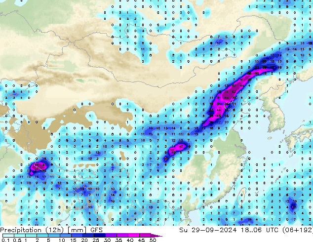 降水量 (12h) GFS 星期日 29.09.2024 06 UTC