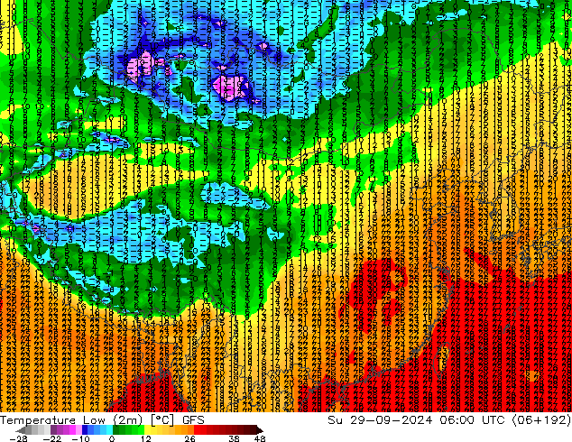 Temperature Low (2m) GFS 星期日 29.09.2024 06 UTC