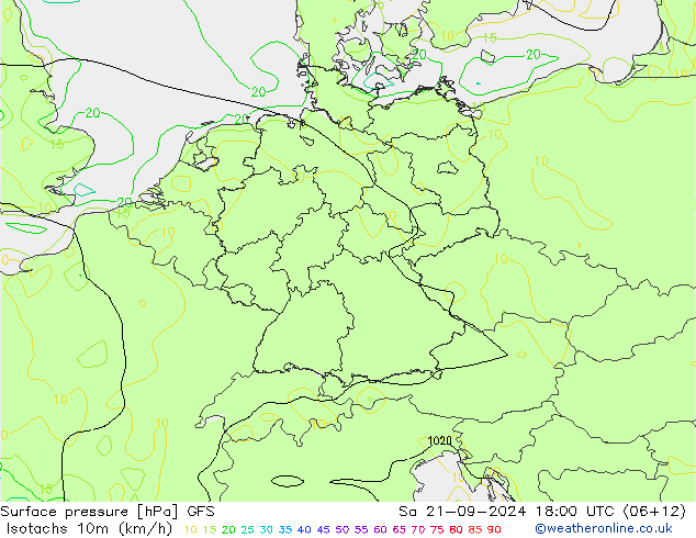 10米等风速线 (kph) GFS 星期六 21.09.2024 18 UTC