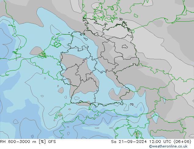 Humedad rel. 600-3000m GFS sáb 21.09.2024 12 UTC